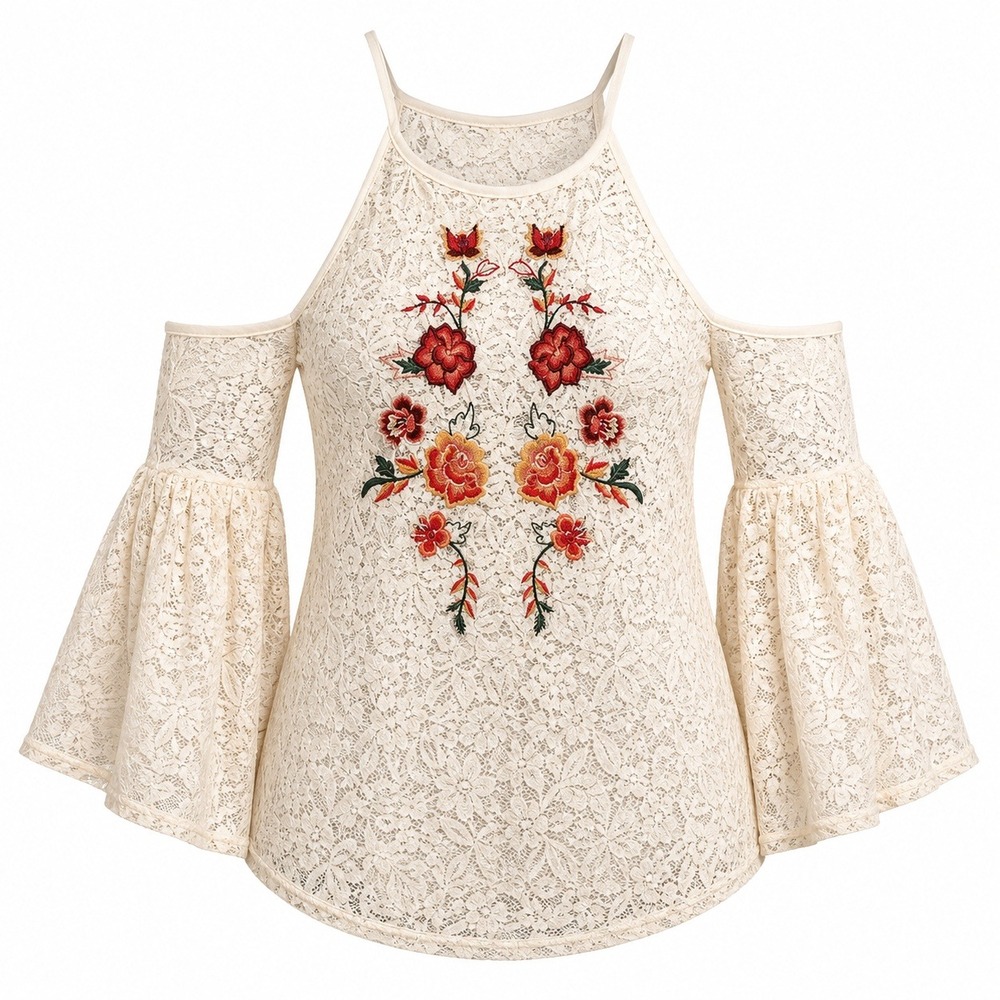 Flying Tomato Lace Top L Cream Bell Sleeve Embroidered Boho Festival Floral